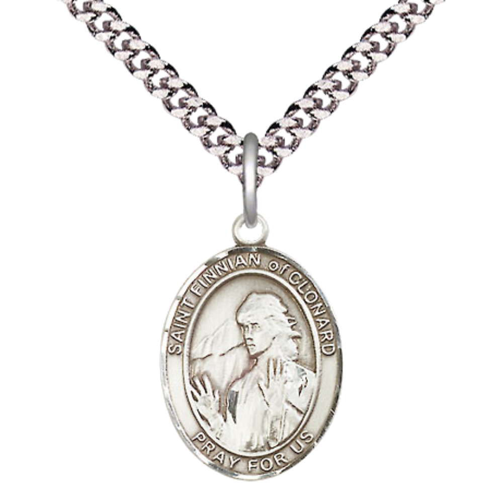 Mens Medium Oval Pewter Saint St. Finnian of Clonard Medal Pendant on 24 Inch Rhodium Plated Heavy Curb Brass Chain w/ Lobster Claw Clasp, Catholic Religious Necklace - Made in USA- Velvet Gift Box