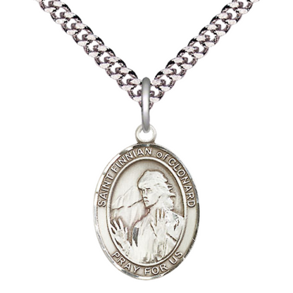Mens Medium Oval Pewter Saint St. Finnian of Clonard Medal Pendant on 24 Inch Rhodium Plated Heavy Curb Brass Chain w/ Lobster Claw Clasp, Catholic Religious Necklace - Made in USA- Velvet Gift Box