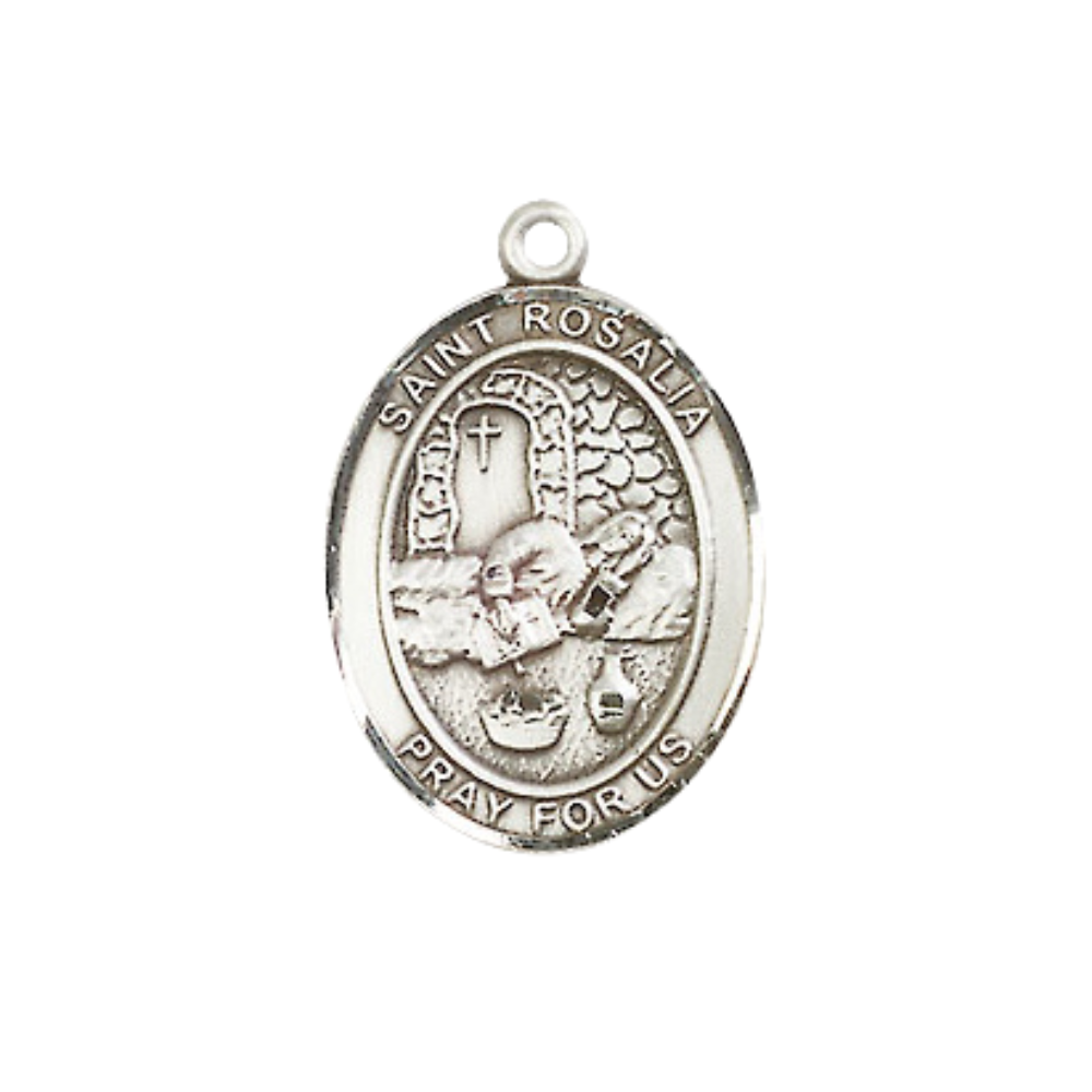 Everlasting Light Jewelry Medium Women's .925 Sterling Silver Saint St. Rosalia Pendant Necklace on 18- inch Rhodium- Plated Lite Curb Brass Chain, Catholic Medal – Velvet Gift Box Included