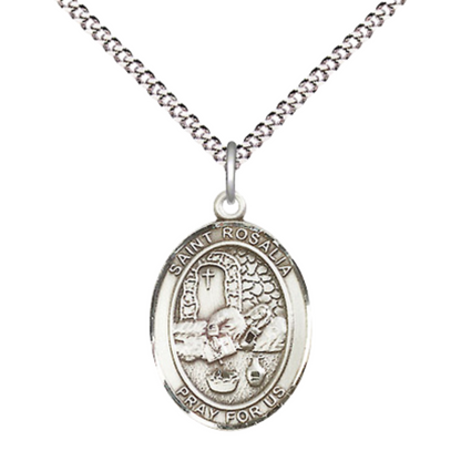 Everlasting Light Jewelry Medium Women's .925 Sterling Silver Saint St. Rosalia Pendant Necklace on 18- inch Rhodium- Plated Lite Curb Brass Chain, Catholic Medal – Velvet Gift Box Included