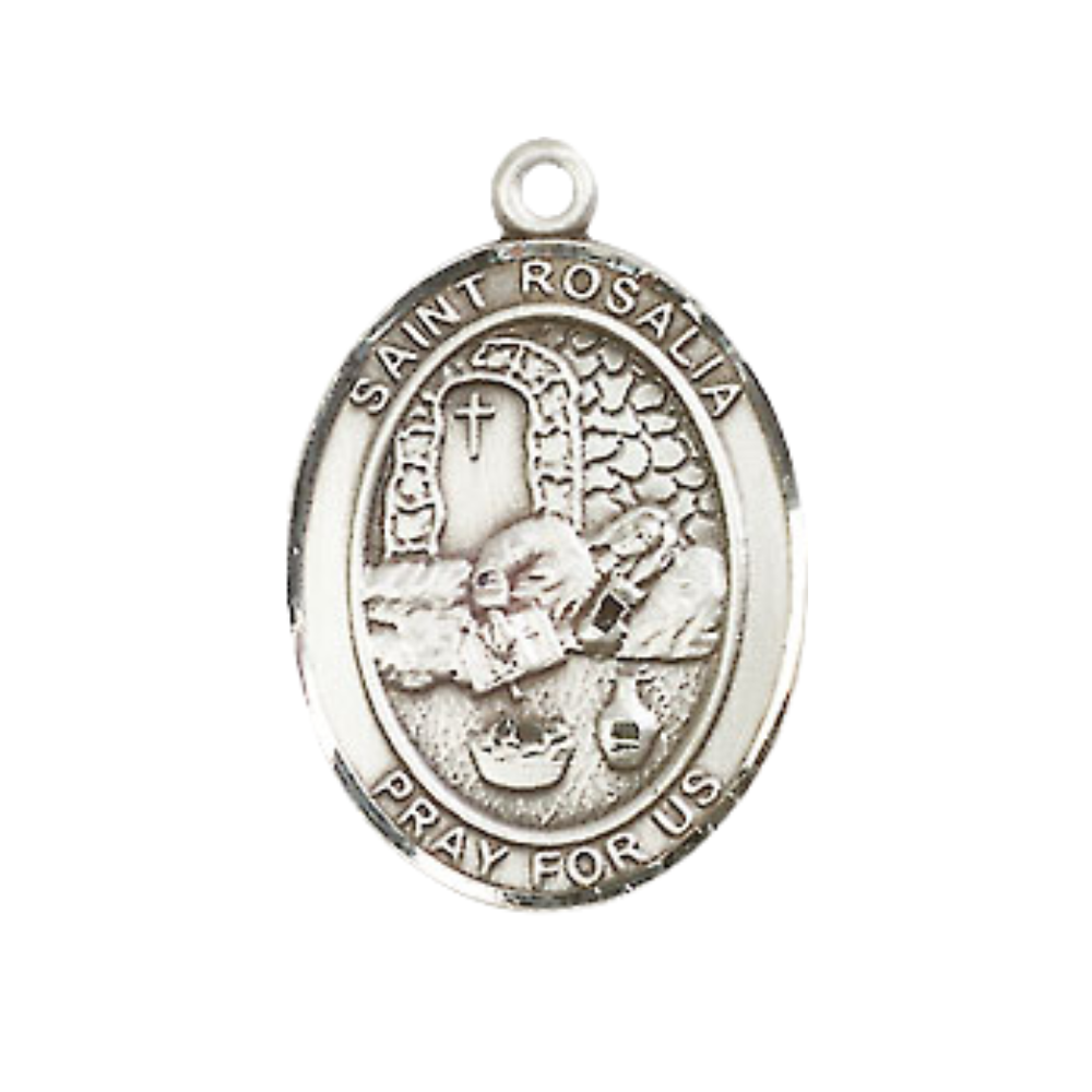 Mens Medium Oval Pewter Saint St. Rosalia Medal Pendant on 24 Inch Rhodium Plated Heavy Curb Brass Chain with Lobster Claw Clasp, Catholic Religious Necklace - Made in USA- Deluxe Velvet Gift Box