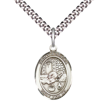 Everlasting Light Jewelry Medium Men's Pewter Saint St. Rosalia Medal Pendant on 24 Inch Endless Rhodium Plated Heavy Curb Brass Chain, Catholic Religious Necklace - Made in USA- Deluxe Velvet Gift Box