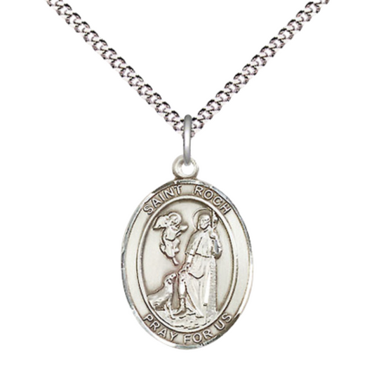 Everlasting Light Jewelry Medium Women's Pewter Saint St. Roch Pendant Necklace on 18- inch Rhodium- Plated Lite Curb Brass Chain – Patron Saint St. of Bachelors and Dogs, Catholic Medal – Velvet Gift Box Included