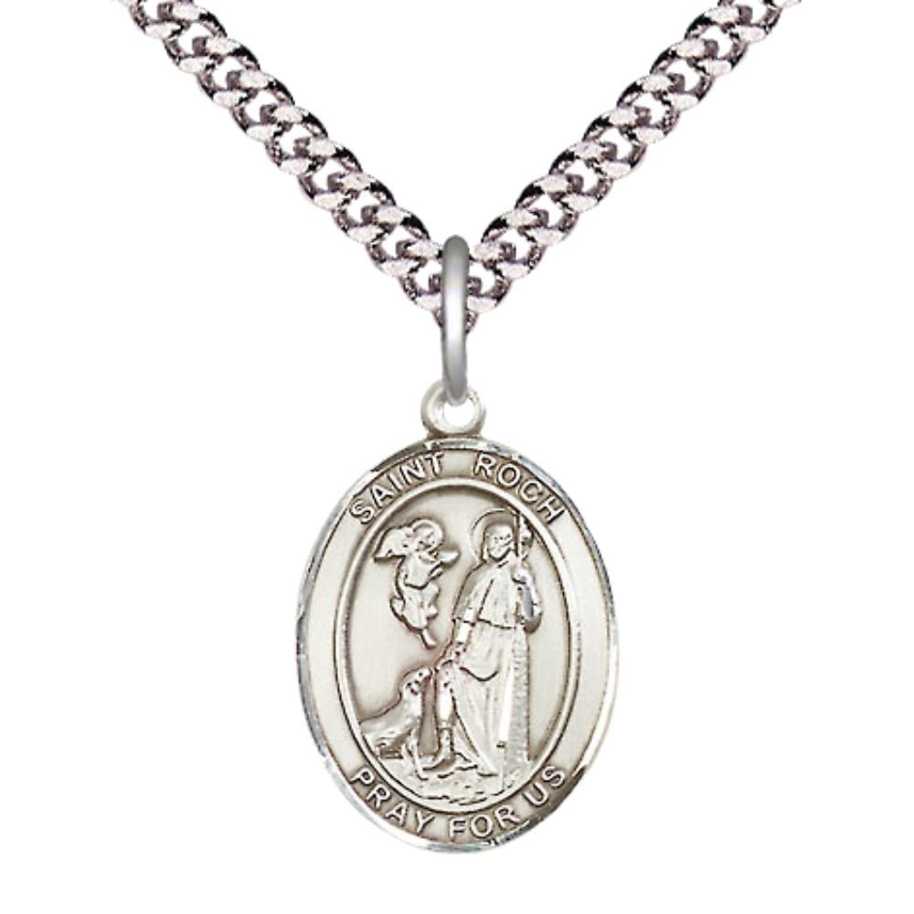 Mens Medium Oval .925 Sterling Silver Saint Roch Medal Pendant on 24" Rhodium Plated Heavy Curb Brass Chain w/ Lobster Claw Clasp, Catholic Religious Necklace -Made in USA-Velvet Gift Box