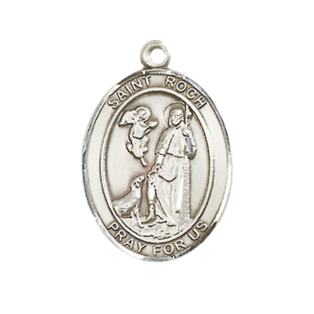Everlasting Light Jewelry Medium Men's Pewter Saint St. Roch Medal Pendant on 24 Inch Endless Rhodium Plated Heavy Curb Brass Chain, Catholic Religious Necklace - Made in USA- Deluxe Velvet Gift Box