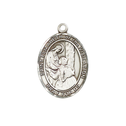 Medium Women's Pewter Saint Elizabeth of the Visitation Pendant Necklace on 18-inch Rhodium-Plated Lite Curb Brass Chain – Patron Saint of Expectant Mothers – Velvet Gift Box Included