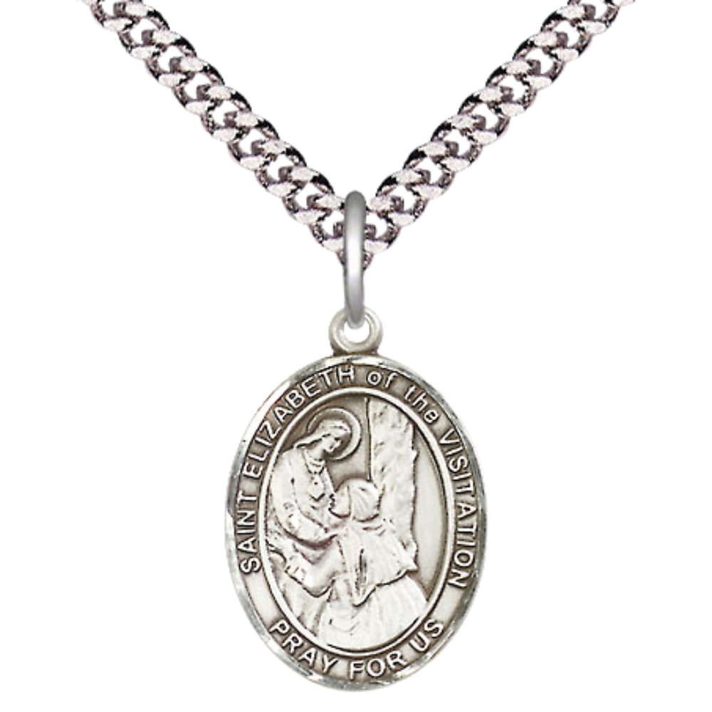 Medium Mens .925 Sterling Silver Saint St. Elizabeth of the Visitation Medal Pendant on 24 Inch Rhodium Plated Heavy Curb Brass Chain w/ Lobster Claw Clasp, Catholic Religious Necklace - Made in USA- Gift Boxed