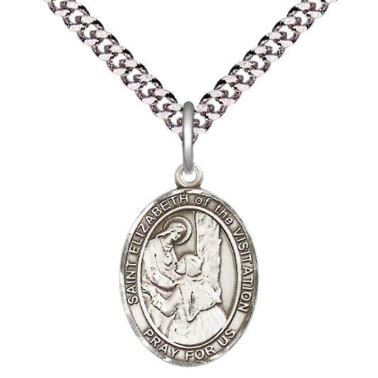 Medium Mens .925 Sterling Silver Saint St. Elizabeth of the Visitation Medal Pendant on 24 Inch Rhodium Plated Heavy Curb Brass Chain w/ Lobster Claw Clasp, Catholic Religious Necklace - Made in USA- Gift Boxed
