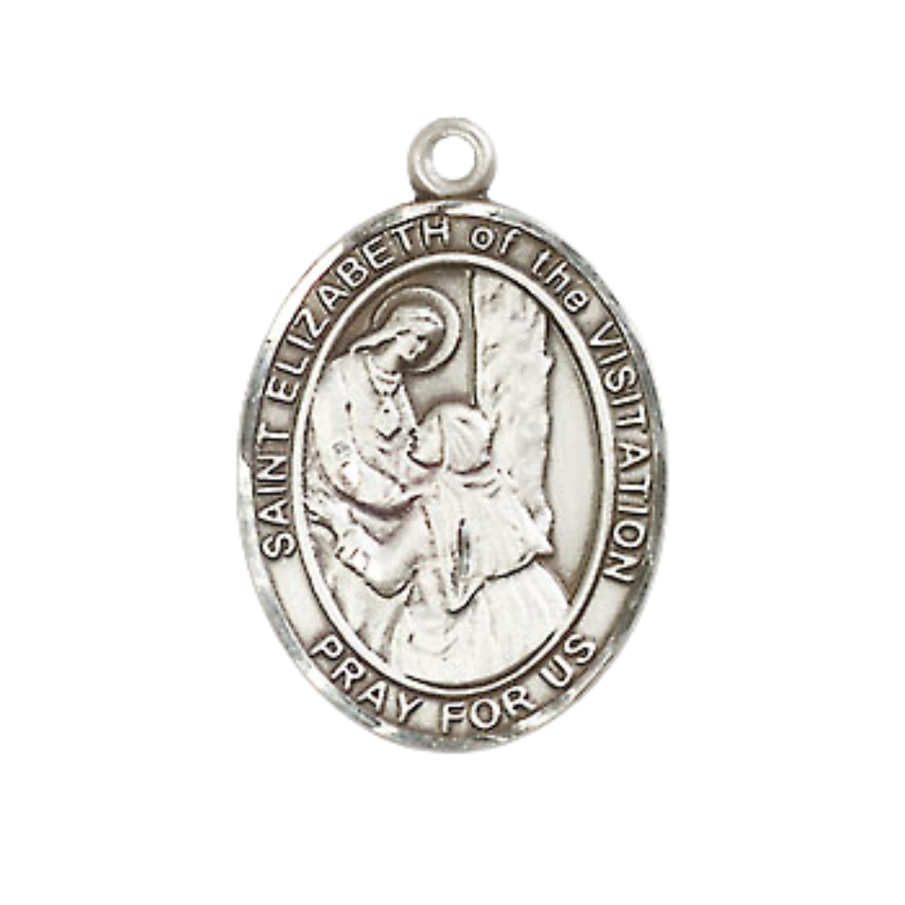Medium Mens Oval Pewter Saint St. Elizabeth of the Visitation Medal Pendant on 24 Inch Rhodium Plated Heavy Curb Brass Chain w/ Lobster Claw Clasp, Catholic Religious Necklace - Made in USA- Velvet Gift Box