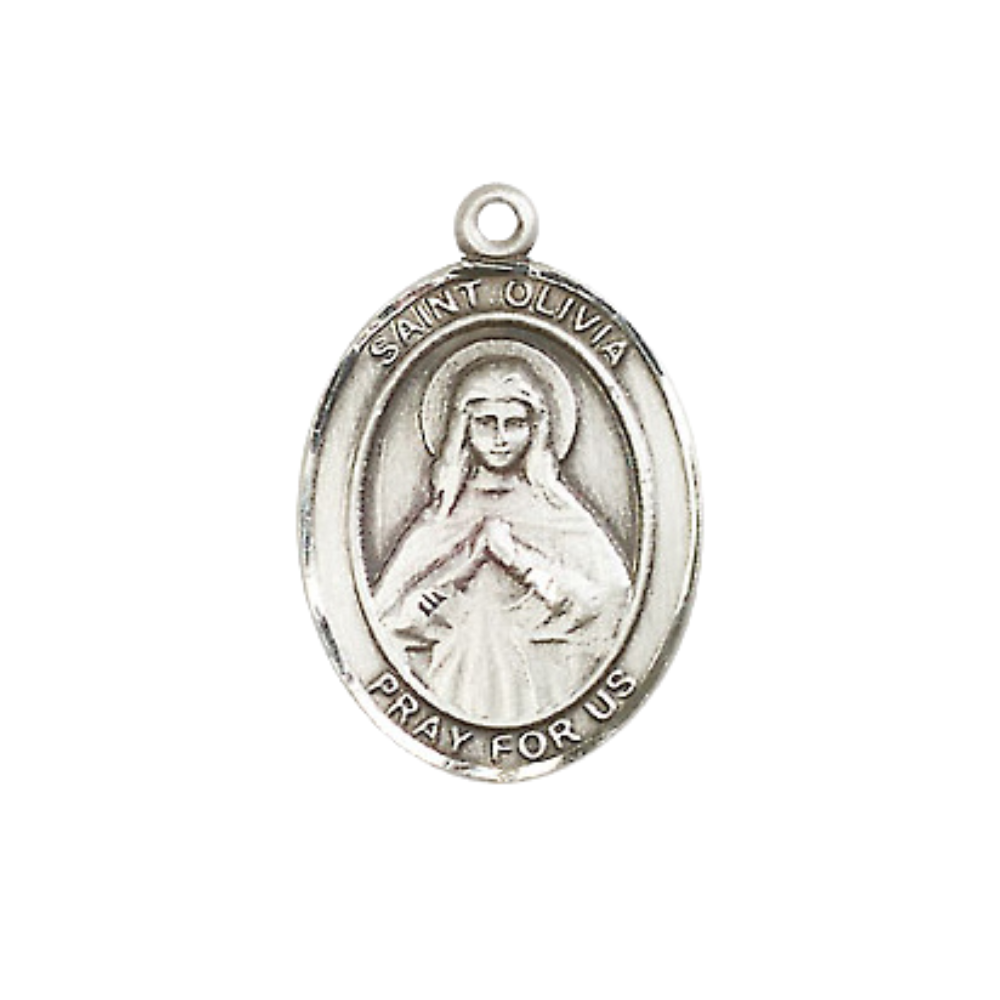 Everlasting Light Jewelry Medium Women's Pewter Saint St. Olivia Pendant Necklace on 18- inch Rhodium- Plated Lite Curb Brass Chain – Patron Saint St. of Trivigliano, Italy, Catholic Medal – Velvet Gift Box Included
