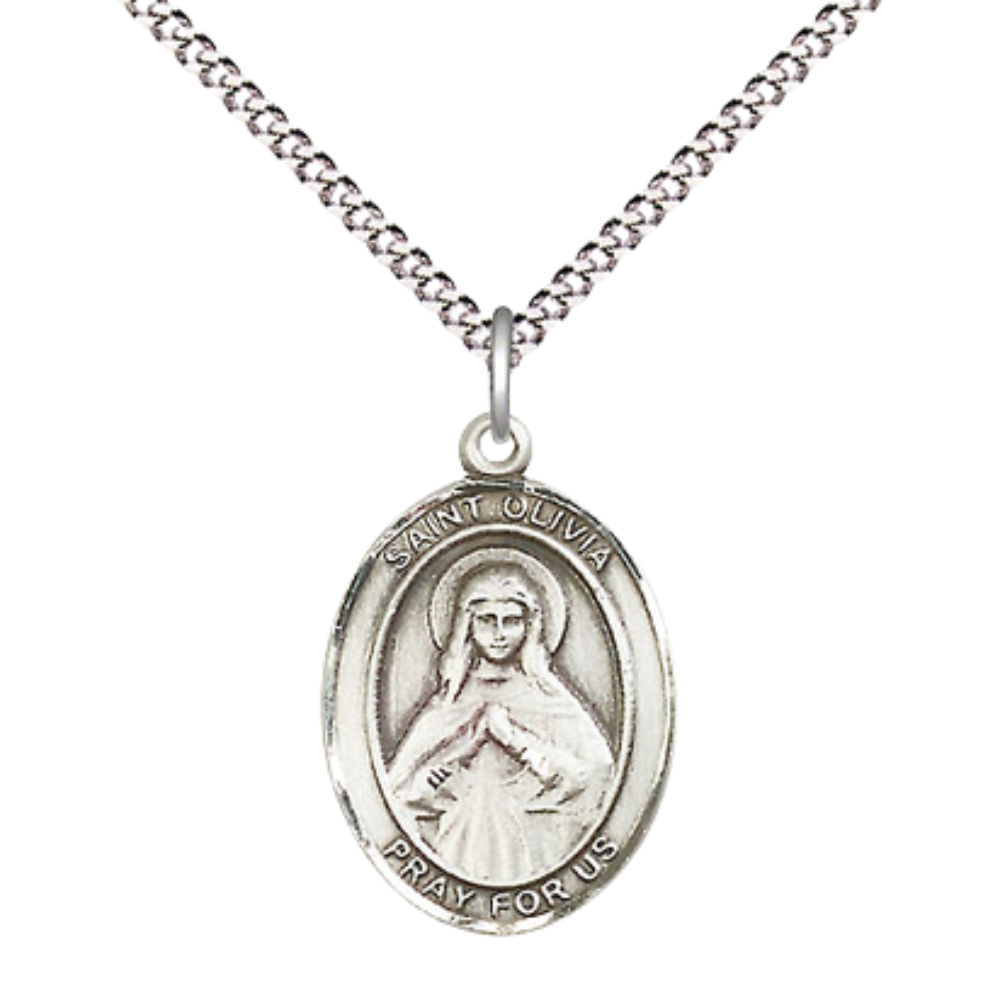 Everlasting Light Jewelry Medium Women's .925 Sterling Silver Saint St. Olivia Pendant Necklace on 18- inch Rhodium- Plated Lite Curb Brass Chain, Catholic Medal – Velvet Gift Box Included