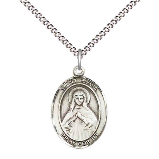 Everlasting Light Jewelry Medium Women's Pewter Saint St. Olivia Pendant Necklace on 18- inch Rhodium- Plated Lite Curb Brass Chain – Patron Saint St. of Trivigliano, Italy, Catholic Medal – Velvet Gift Box Included
