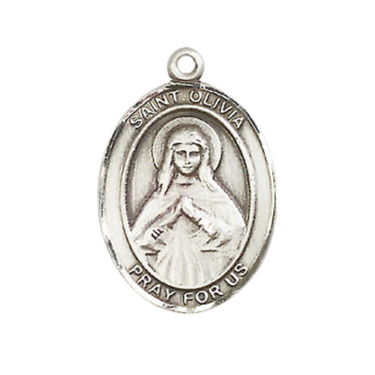 Everlasting Light Jewelry Medium Men's Pewter Saint St. Olivia Medal Pendant on 24 Inch Endless Rhodium Plated Heavy Curb Brass Chain, Catholic Religious Necklace - Made in USA- Deluxe Velvet Gift Box
