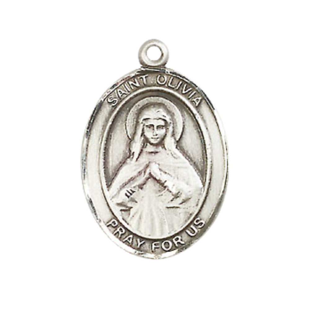 Medium Men's .925 Sterling Silver Saint St. Olivia Medal Pendant on 24 Inch Endless Rhodium Plated Heavy Curb Brass Chain, Catholic Religious Necklace - Made in USA- Deluxe Velvet Gift Box