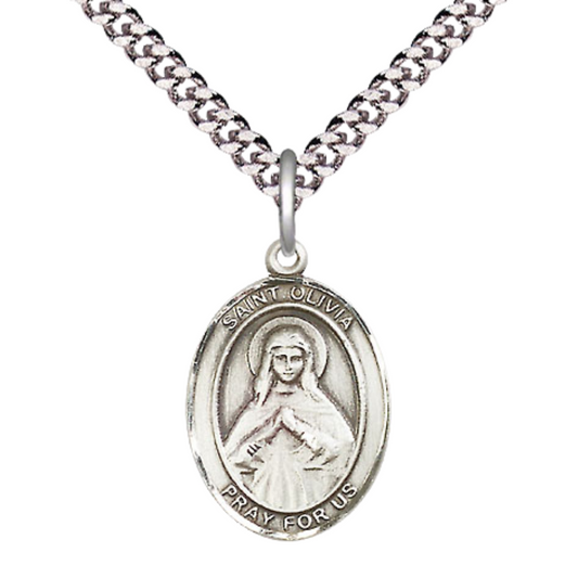Mens Medium Oval .925 Sterling Silver Saint St. Olivia Medal Pendant on 24 Inch Rhodium Plated Heavy Curb Brass Chain w/ Lobster Claw Clasp, Catholic Religious Necklace - Made in USA- Velvet Gift Box