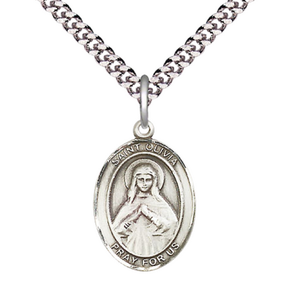 Everlasting Light Jewelry Medium Men's Pewter Saint St. Olivia Medal Pendant on 24 Inch Endless Rhodium Plated Heavy Curb Brass Chain, Catholic Religious Necklace - Made in USA- Deluxe Velvet Gift Box