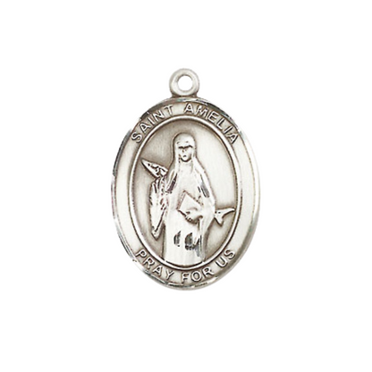 Everlasting Light Jewelry Medium Women's Pewter Saint St. Amelia Pendant Necklace on 18- inch Rhodium- Plated Lite Curb Brass Chain – Patron Saint St. of Arm Pain/Bruises, Catholic Medal – Velvet Gift Box Included