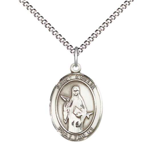 Everlasting Light Jewelry Medium Women's Pewter Saint St. Amelia Pendant Necklace on 18- inch Rhodium- Plated Lite Curb Brass Chain – Patron Saint St. of Arm Pain/Bruises, Catholic Medal – Velvet Gift Box Included