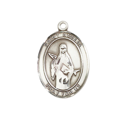 Medium Men's .925 Sterling Silver Saint Amelia Medal Pendant on 24 Inch Endless Rhodium Plated Heavy Curb Brass Chain, Catholic Religious Necklace -Made in USA- Deluxe Velvet Gift Box