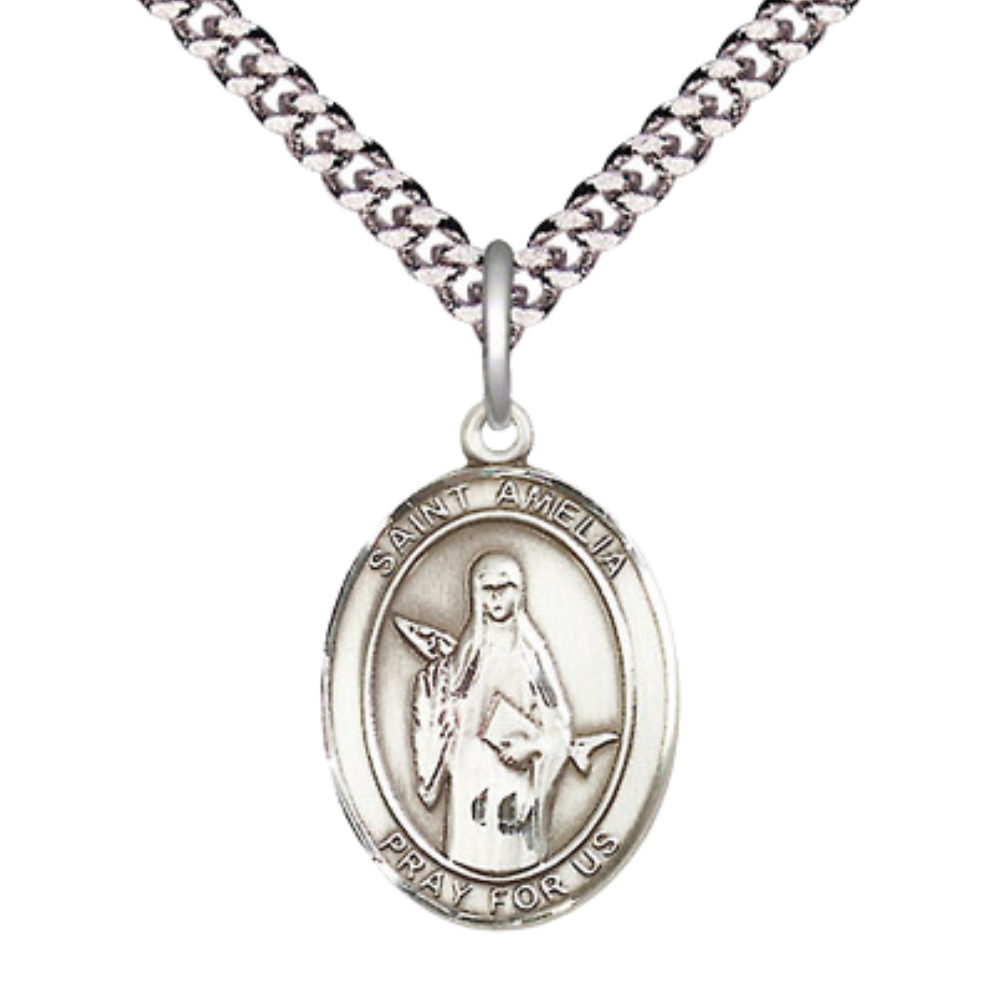 Medium Men's .925 Sterling Silver Saint Amelia Medal Pendant on 24 Inch Endless Rhodium Plated Heavy Curb Brass Chain, Catholic Religious Necklace -Made in USA- Deluxe Velvet Gift Box