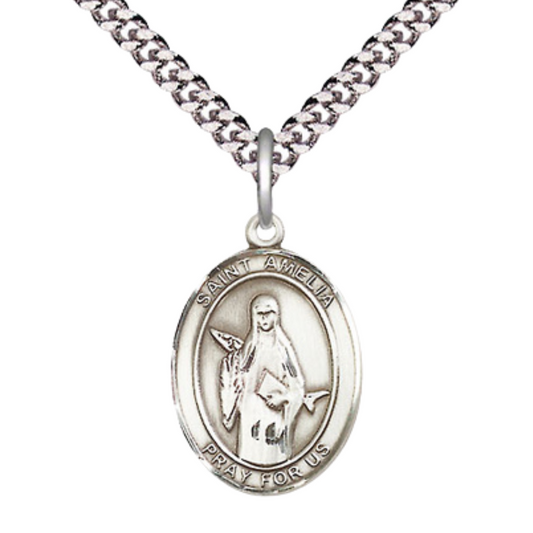Medium Men's .925 Sterling Silver Saint Amelia Medal Pendant on 24 Inch Endless Rhodium Plated Heavy Curb Brass Chain, Catholic Religious Necklace -Made in USA- Deluxe Velvet Gift Box