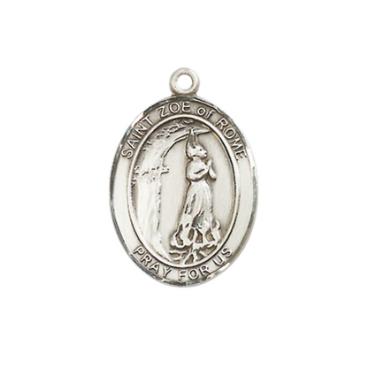 Everlasting Light Jewelry Medium Women's Pewter Saint Zoe of Rome Pendant Necklace on 18-inch Rhodium-Plated Lite Curb Brass Chain – Saint Zoe of Rome Medal – Velvet Gift Box Included