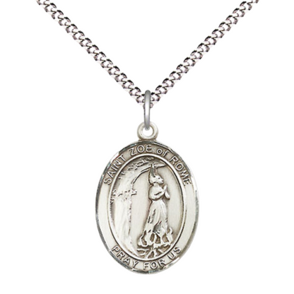 Everlasting Light Jewelry Medium Women's Pewter Saint Zoe of Rome Pendant Necklace on 18-inch Rhodium-Plated Lite Curb Brass Chain – Saint Zoe of Rome Medal – Velvet Gift Box Included