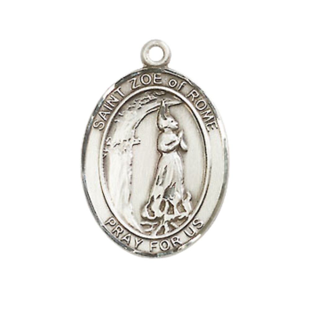 Everlasting Light Jewelry Medium Men's Pewter Saint St. Zoe of Rome Medal Pendant on 24 Inch Endless Rhodium Plated Heavy Curb Brass Chain, Catholic Religious Necklace - Made in USA- Deluxe Velvet Gift Box