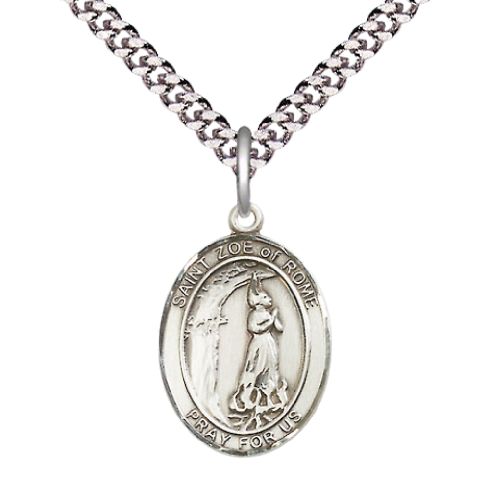 Medium Men's .925 Sterling Silver Saint St. Zoe of Rome Medal Pendant on 24 Inch Endless Rhodium Plated Heavy Curb Brass Chain, Catholic Religious Necklace - Made in USA- Deluxe Velvet Gift Box