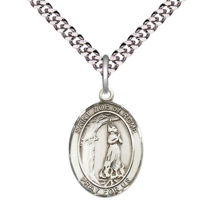 Mens Medium Oval .925 Sterling Silver Saint St. Zoe of Rome Medal Pendant on 24 Inch Rhodium Plated Heavy Curb Brass Chain w/ Lobster Claw Clasp, Catholic Religious Necklace - Made in USA- Velvet Gift Box