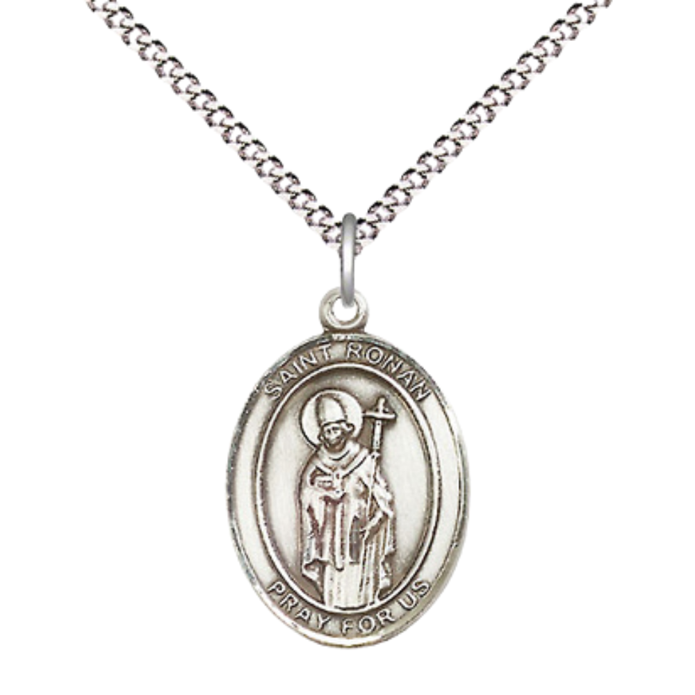 Everlasting Light Jewelry Medium Women's .925 Sterling Silver Saint St. Ronan Pendant Necklace on 18- inch Rhodium- Plated Lite Curb Brass Chain – Patron Saint St. of Marown Parish, Catholic Medal – Velvet Gift Box Included