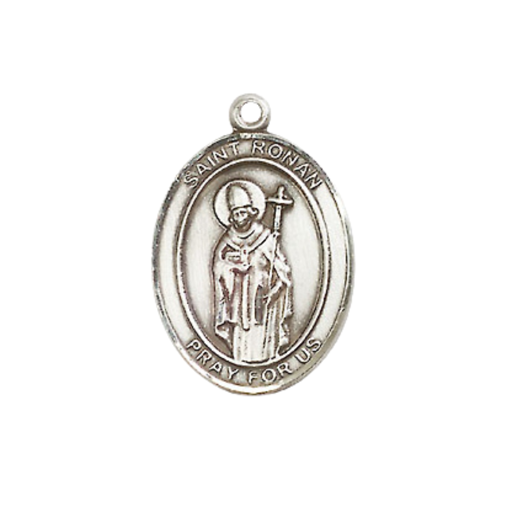 Everlasting Light Jewelry Medium Women's Pewter Saint St. Ronan Pendant Necklace on 18- inch Rhodium- Plated Lite Curb Brass Chain – Saint St. Ronan Medal, Catholic Medal – Velvet Gift Box Included