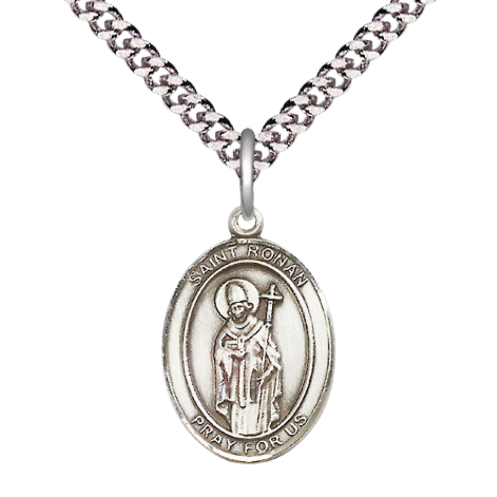 Mens Medium Oval .925 Sterling Silver Saint St. Ronan Medal Pendant on 24 Inch Rhodium Plated Heavy Curb Brass Chain w/ Lobster Claw Clasp, Catholic Religious Necklace - Made in USA- Velvet Gift Box
