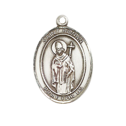 Medium Men's .925 Sterling Silver Saint St. Ronan Medal Pendant on 24 Inch Endless Rhodium Plated Heavy Curb Brass Chain, Catholic Religious Necklace - Made in USA- Deluxe Velvet Gift Box