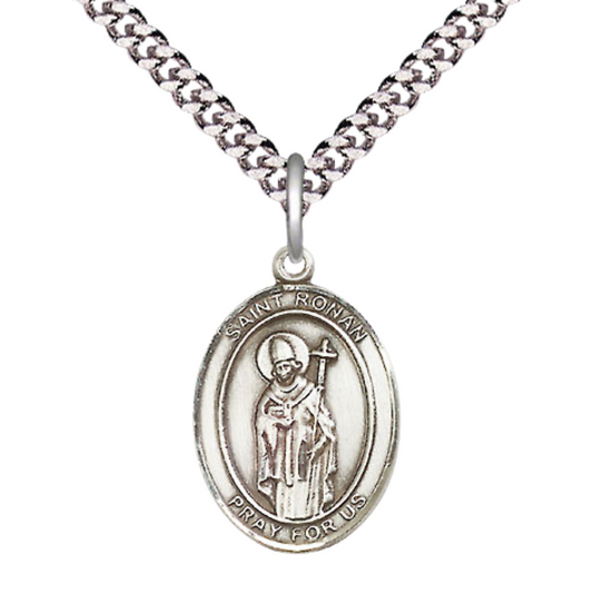 Everlasting Light Jewelry Medium Pewter Saint St. Ronan Medal Pendant on 24 Inch Endless Rhodium Plated Heavy Curb Brass Chain, Catholic Religious Necklace - Made in USA- Deluxe Velvet Gift Box