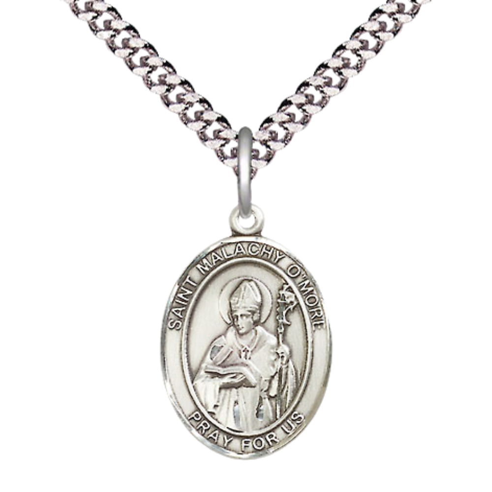 Medium Men's .925 Sterling Silver Saint St.Malachy O'More Medal Pendant on 24 Inch Endless Rhodium Plated Heavy Curb Brass Chain, Catholic Religious Necklace -Made in USA- Deluxe Velvet Gift Box
