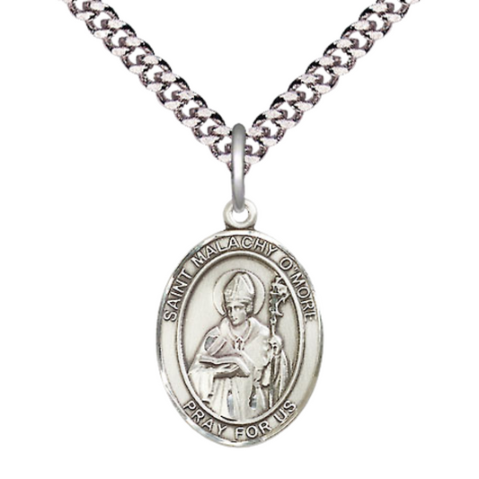 Medium Men's .925 Sterling Silver Saint St.Malachy O'More Medal Pendant on 24 Inch Endless Rhodium Plated Heavy Curb Brass Chain, Catholic Religious Necklace -Made in USA- Deluxe Velvet Gift Box
