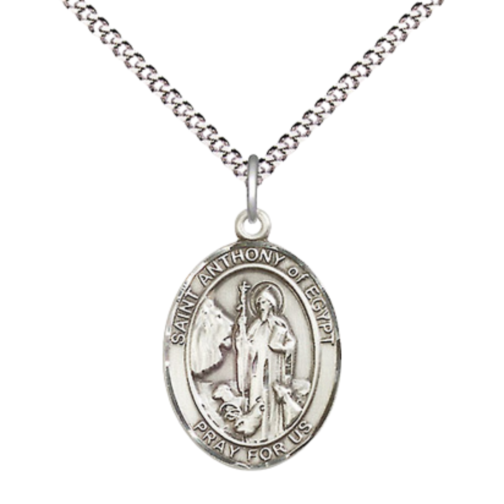 Medium Women's .925 Sterling Silver Saint St. Anthony of Egypt Pendant Necklace on 18- inch Rhodium- Plated Lite Curb Brass Chain – Patron Saint St. of Animals & Gravediggers, Catholic Medal – Velvet Gift Box Included