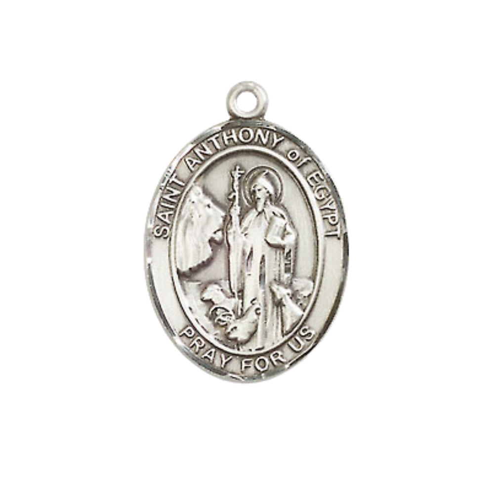 Everlasting Light Jewelry Medium Men's Pewter Saint St. Anthony of Egypt Medal Pendant on 24 Inch Endless Rhodium Plated Heavy Curb Brass Chain, Catholic Religious Necklace - Made in USA- Deluxe Velvet Gift Box