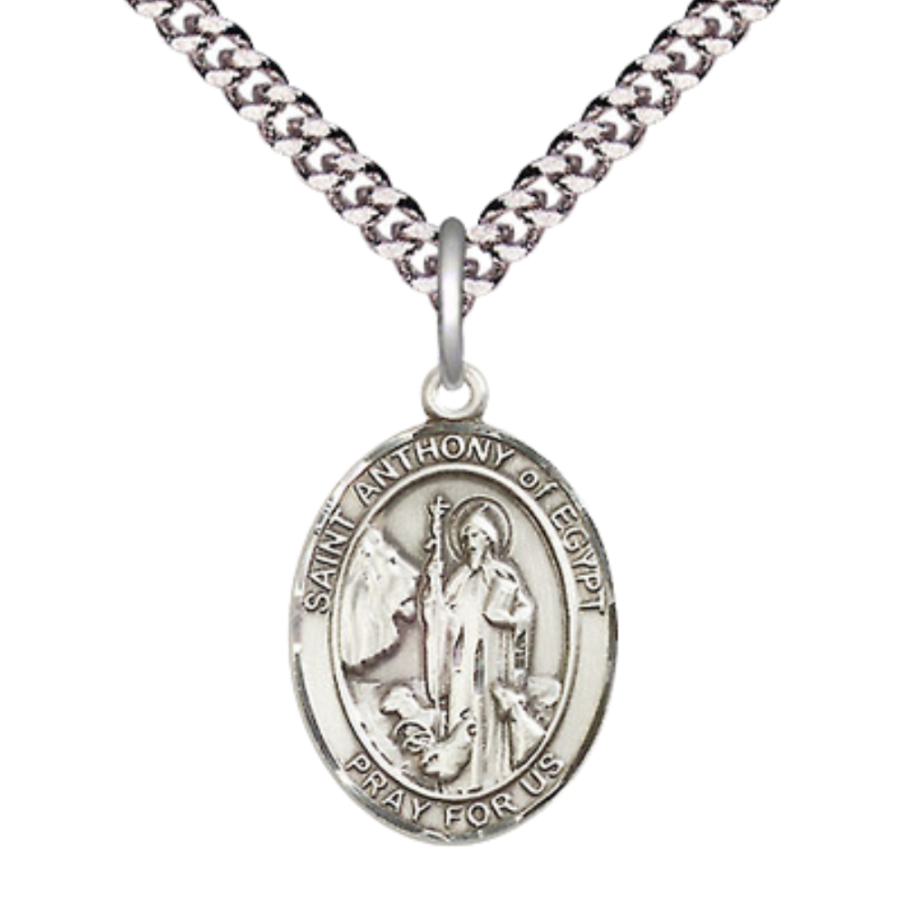 Everlasting Light Jewelry Medium Men's Pewter Saint St. Anthony of Egypt Medal Pendant on 24 Inch Endless Rhodium Plated Heavy Curb Brass Chain, Catholic Religious Necklace - Made in USA- Deluxe Velvet Gift Box