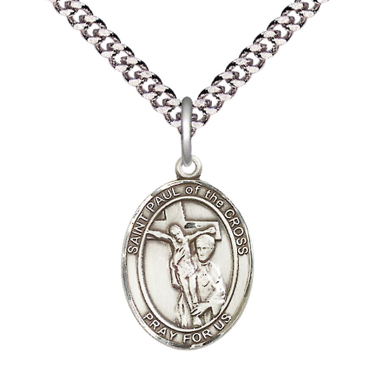 Medium Men's .925 Sterling Silver Saint St.Paul of the Cross Medal Pendant on 24 Inch Endless Rhodium Plated Heavy Curb Brass Chain, Catholic Religious Necklace -Made in USA- Deluxe Velvet Gift Box