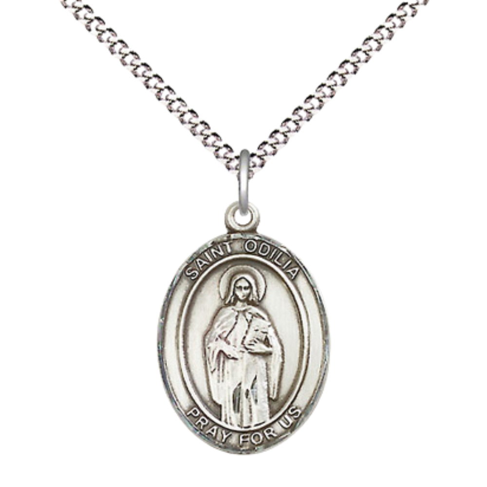 Everlasting Light Jewelry Medium Women's Pewter Saint St. Odilia Pendant Necklace on 18- inch Rhodium- Plated Lite Curb Brass Chain – Saint St. Odilia Medal – Patron Saint St. of Eye Disease, Catholic Medal – Velvet Gift Box Included
