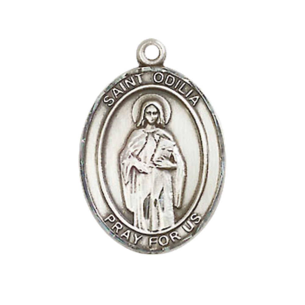 Medium Men's .925 Sterling Silver Saint St. Odilia Medal Pendant on 24 Inch Endless Rhodium Plated Heavy Curb Brass Chain, Catholic Religious Necklace - Made in USA- Deluxe Velvet Gift Box