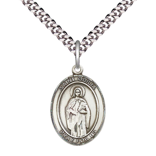 Medium Men's .925 Sterling Silver Saint St. Odilia Medal Pendant on 24 Inch Endless Rhodium Plated Heavy Curb Brass Chain, Catholic Religious Necklace - Made in USA- Deluxe Velvet Gift Box