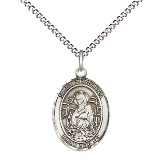 Medium Women's Pewter Saint St. Christina the Astonishing Pendant Necklace on 18- inch Rhodium- Plated Lite Curb Brass Chain – Patron Saint St. of Psychiatrists and Therapists, Catholic Medal – Velvet Gift Box Included