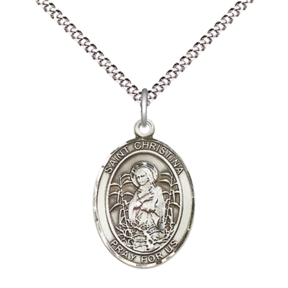Medium Women's .925 Sterling Silver Saint St. Christina the Astonishing Pendant Necklace on 18- inch Rhodium- Plated Lite Curb Brass Chain – Patron Saint St. of Psychiatrists/Therapists, Catholic Medal – Velvet Gift Box Included