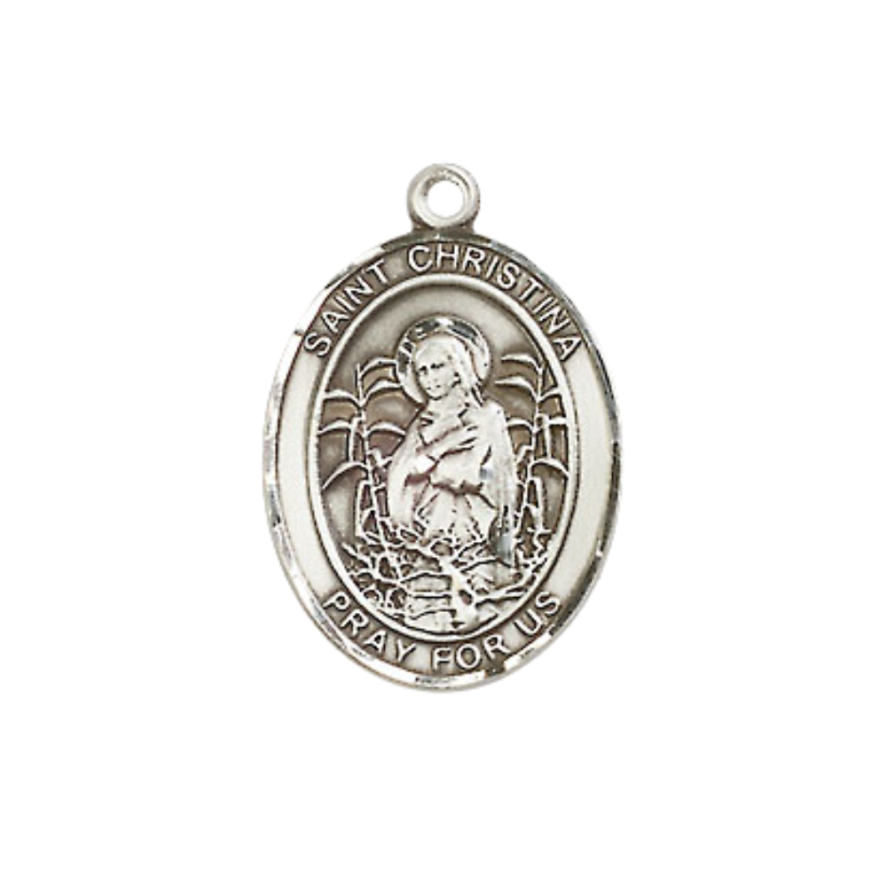 Medium Men's .925 Sterling Silver Saint St. Christina the Astonishing Medal Pendant on 24 Inch Endless Rhodium Plated Heavy Curb Brass Chain, Catholic Religious Necklace - Made in USA- Deluxe Velvet Gift Box