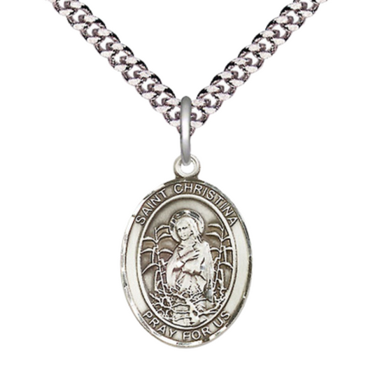 Medium Mens .925 Sterling Silver Saint St. Christina the Astonishing Medal Pendant on 24 Inch Rhodium Plated Heavy Curb Brass Chain w/ Lobster Claw Clasp, Catholic Religious Necklace - Made in USA- Gift Boxed