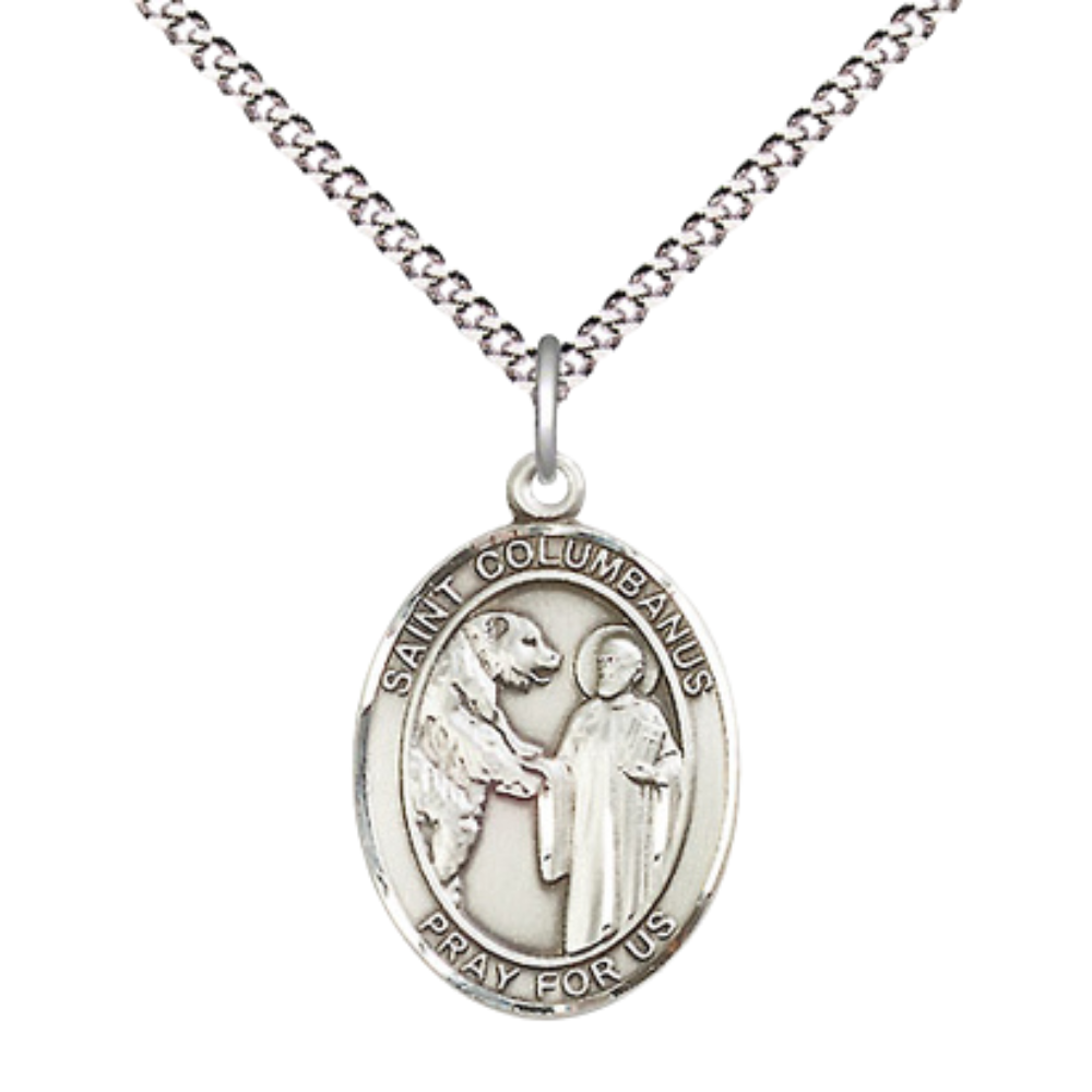 Everlasting Light Jewelry Medium Women's .925 Sterling Silver Saint St. Columbanus Pendant Necklace on 18- inch Rhodium- Plated Lite Curb Brass Chain – Patron Saint St. of Motorcyclists, Catholic Medal – Velvet Gift Box Included