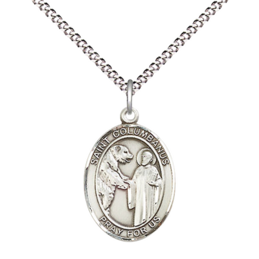 Medium Women's Pewter Saint St. Columbanus Pendant Necklace on 18- inch Rhodium- Plated Lite Curb Brass Chain – Saint St. Columbanus Medal – Patron Saint St. of Motorcyclists, Catholic Medal – Velvet Gift Box Included